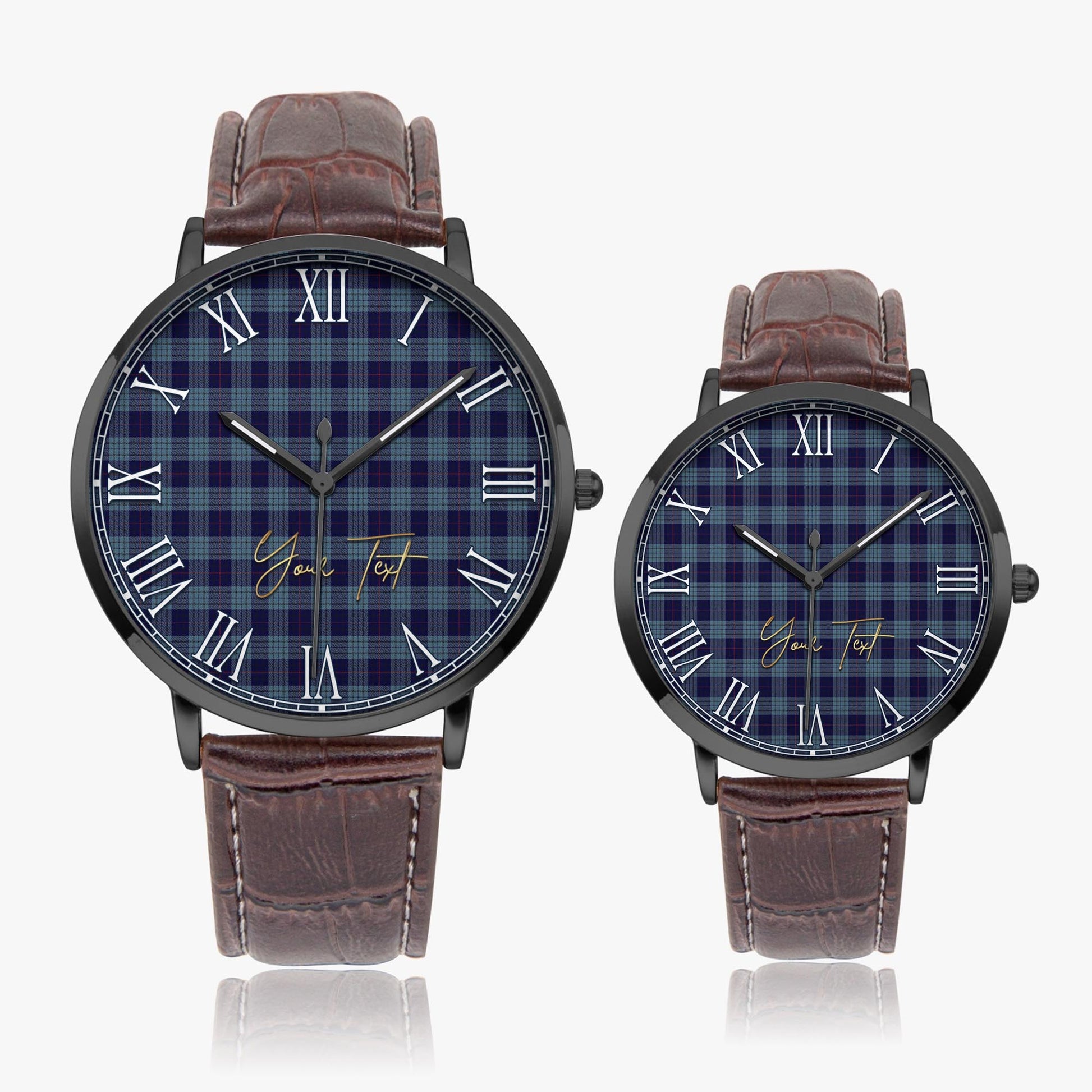 Roberts of Wales Tartan Personalized Your Text Leather Trap Quartz Watch Ultra Thin Black Case With Brown Leather Strap - Tartanvibesclothing
