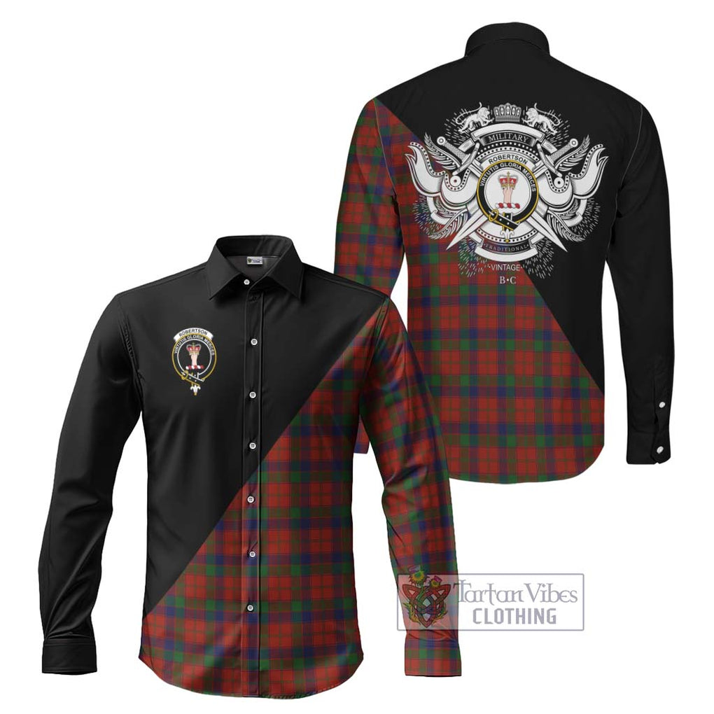 Robertson Tartan Long Sleeve Button Shirt with Family Crest and Military Logo Style Men's Shirt S - Tartanvibesclothing Shop