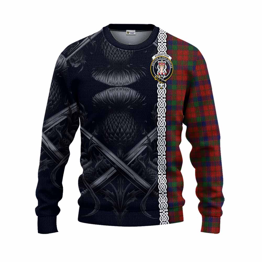 Tartan Vibes Clothing Robertson Tartan Knitted Sweater with Family Crest Cross Sword Thistle Celtic Vibes