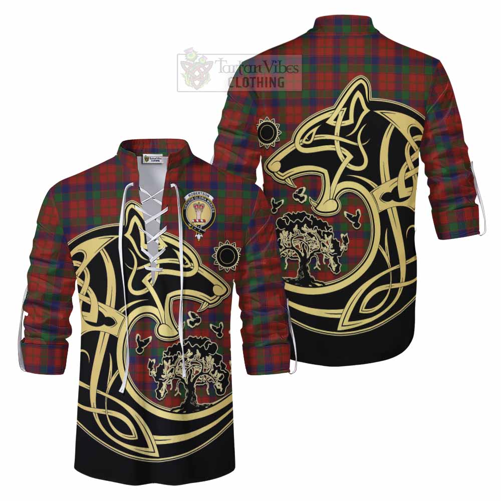Tartan Vibes Clothing Robertson Tartan Ghillie Kilt Shirt with Family Crest Celtic Wolf Style