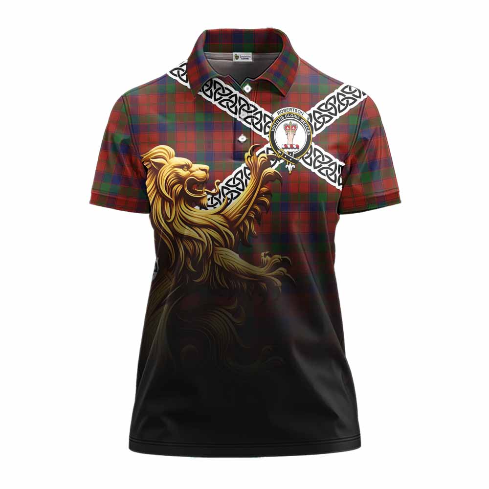 Tartan Vibes Clothing Robertson Crest Tartan Women's Polo Shirt with Golden Lion Emblem Celtic Style