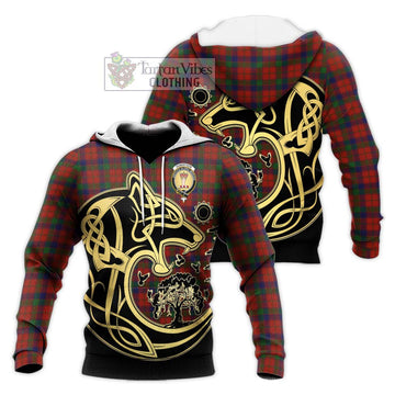 Robertson Tartan Knitted Hoodie with Family Crest Celtic Wolf Style