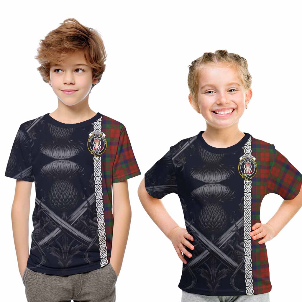 Tartan Vibes Clothing Robertson Tartan Kid T-Shirt with Family Crest Cross Sword Thistle Celtic Vibes