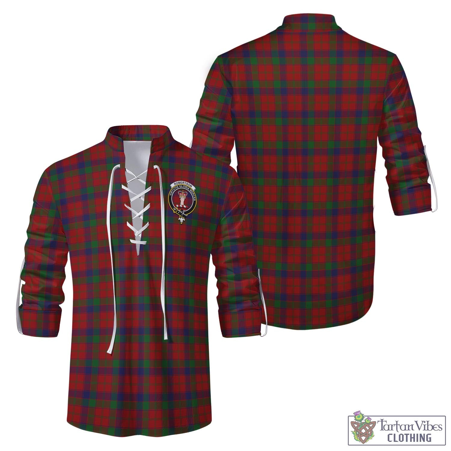 Tartan Vibes Clothing Robertson Tartan Men's Scottish Traditional Jacobite Ghillie Kilt Shirt with Family Crest