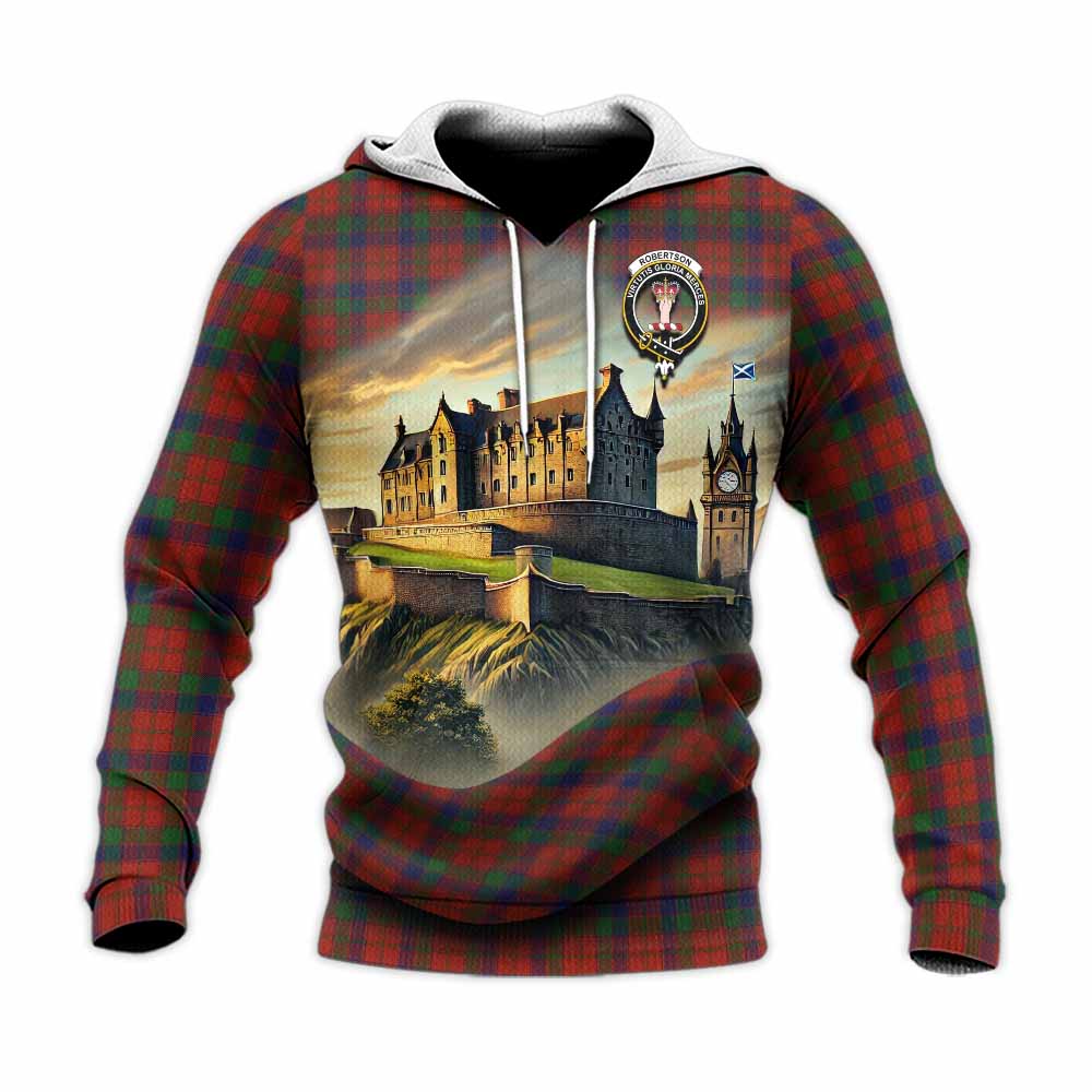 Tartan Vibes Clothing Robertson Tartan Family Crest Knitted Hoodie with Scottish Ancient Castle Style