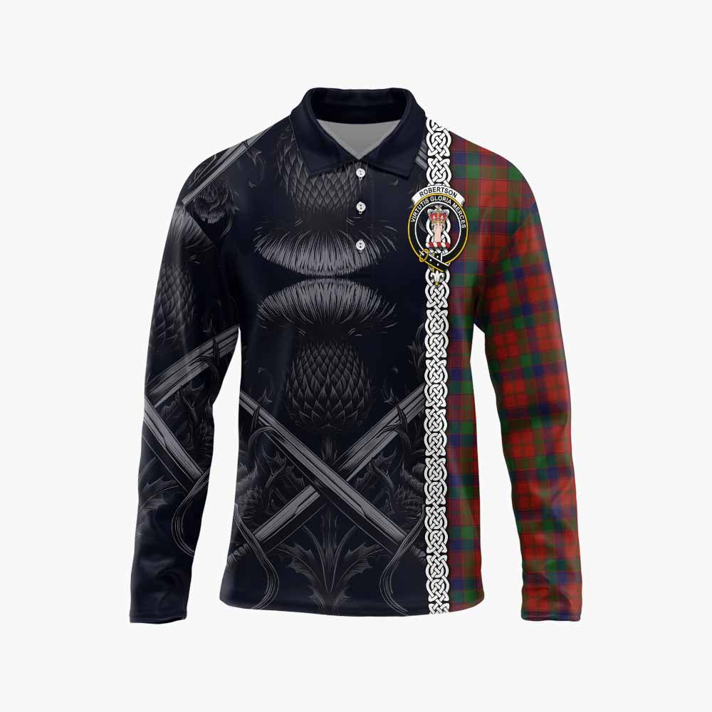 Tartan Vibes Clothing Robertson Tartan Long Sleeve Polo Shirt with Family Crest Cross Sword Thistle Celtic Vibes