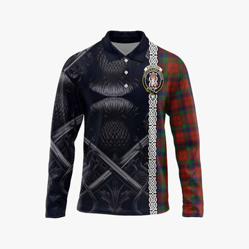 Tartan Vibes Clothing Robertson Tartan Long Sleeve Polo Shirt with Family Crest Cross Sword Thistle Celtic Vibes