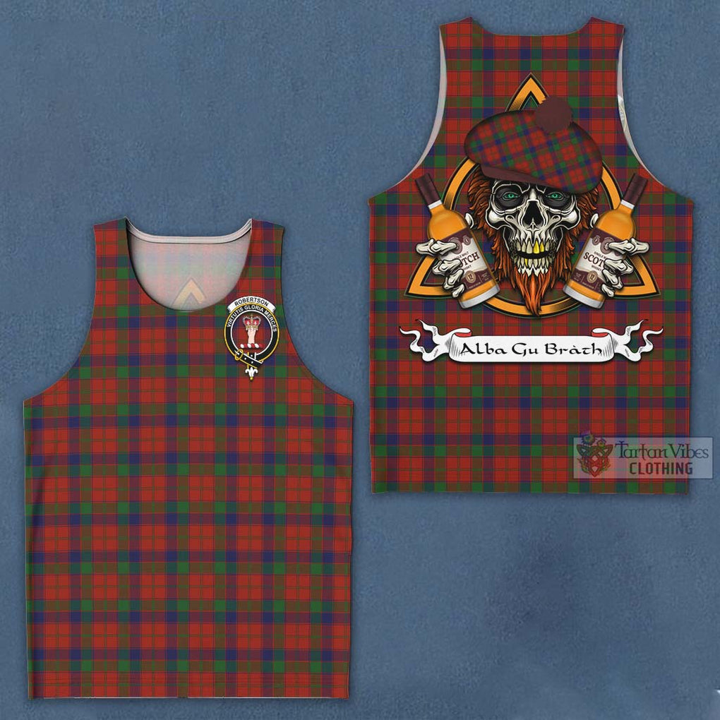 Tartan Vibes Clothing Robertson Tartan Men's Tank Top with Family Crest and Bearded Skull Holding Bottles of Whiskey