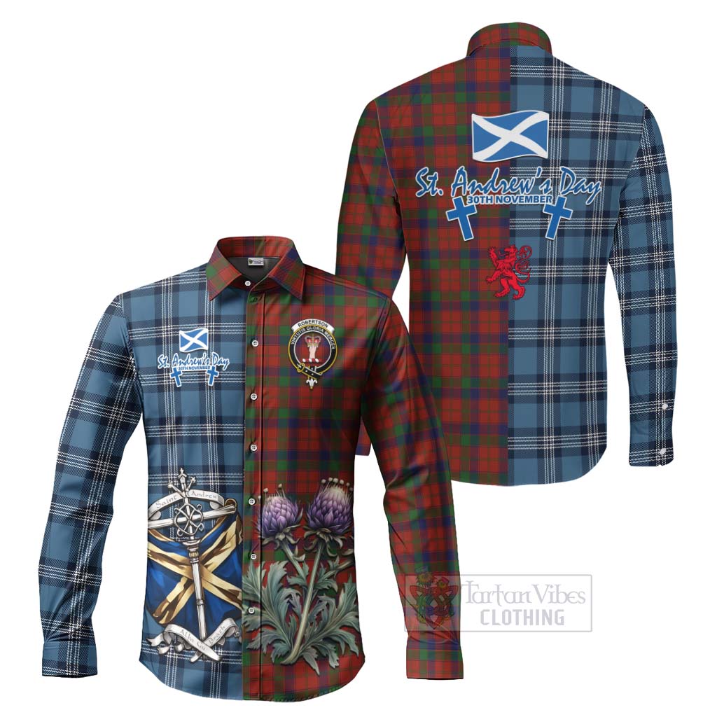 Tartan Vibes Clothing Robertson Tartan Long Sleeve Button Shirt Happy St. Andrew's Day Half Tartan Style
