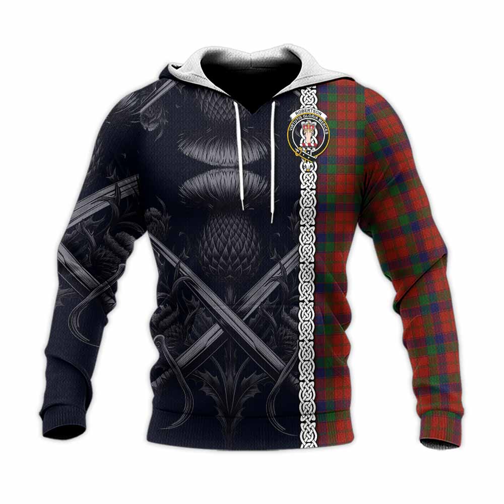 Tartan Vibes Clothing Robertson Tartan Knitted Hoodie with Family Crest Cross Sword Thistle Celtic Vibes