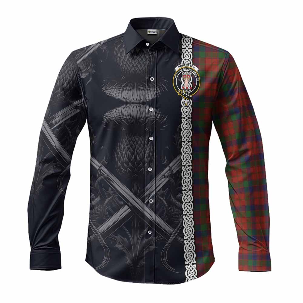 Tartan Vibes Clothing Robertson Tartan Long Sleeve Button Shirt with Family Crest Cross Sword Thistle Celtic Vibes
