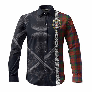 Tartan Vibes Clothing Robertson Tartan Long Sleeve Button Shirt with Family Crest Cross Sword Thistle Celtic Vibes