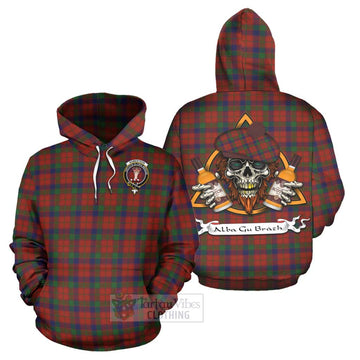 Tartan Vibes Clothing Robertson Tartan Hoodie with Family Crest and Bearded Skull Holding Bottles of Whiskey