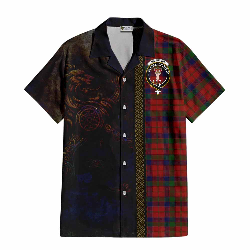 Tartan Vibes Clothing Robertson Tartan Family Crest Short Sleeve Button Shirt Alba Gu Brath Be Brave Lion Ancient Style