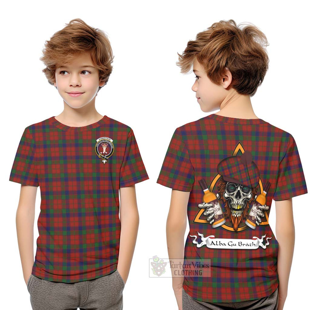 Tartan Vibes Clothing Robertson Tartan Kid T-Shirt with Family Crest and Bearded Skull Holding Bottles of Whiskey