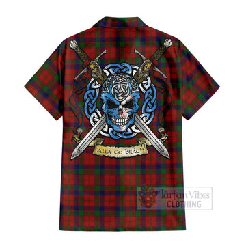 Tartan Vibes Clothing Robertson Tartan Short Sleeve Button Shirt with Family Crest Celtic Skull Style