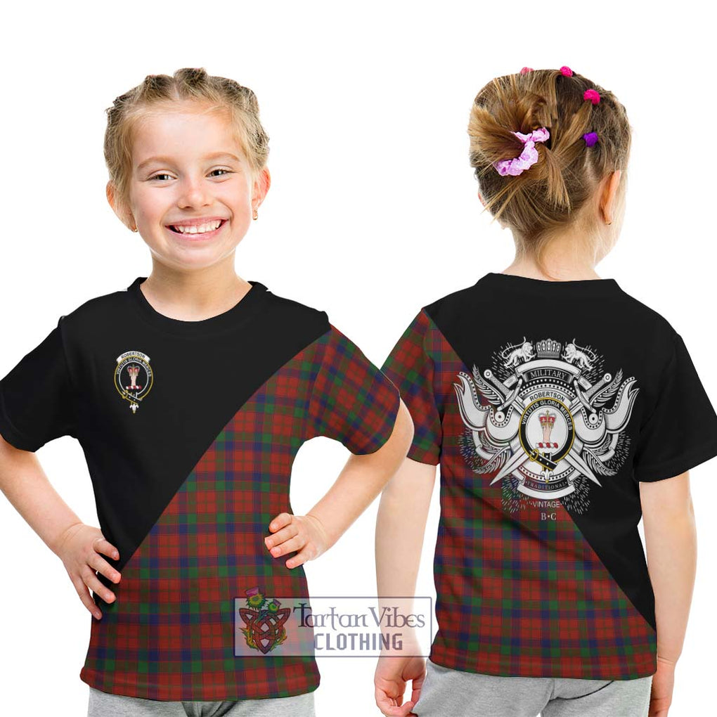 Robertson Tartan Kid T-Shirt with Family Crest and Military Logo Style - Tartanvibesclothing Shop