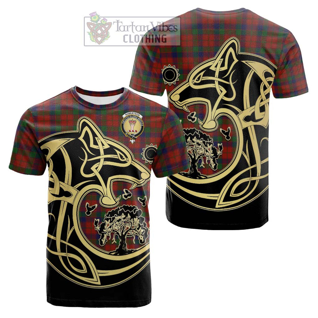 Tartan Vibes Clothing Robertson Tartan Cotton T-shirt with Family Crest Celtic Wolf Style