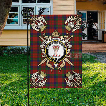 Robertson Tartan Garden Flag with Family Crest and Golden Thistle Crossed Sword Design