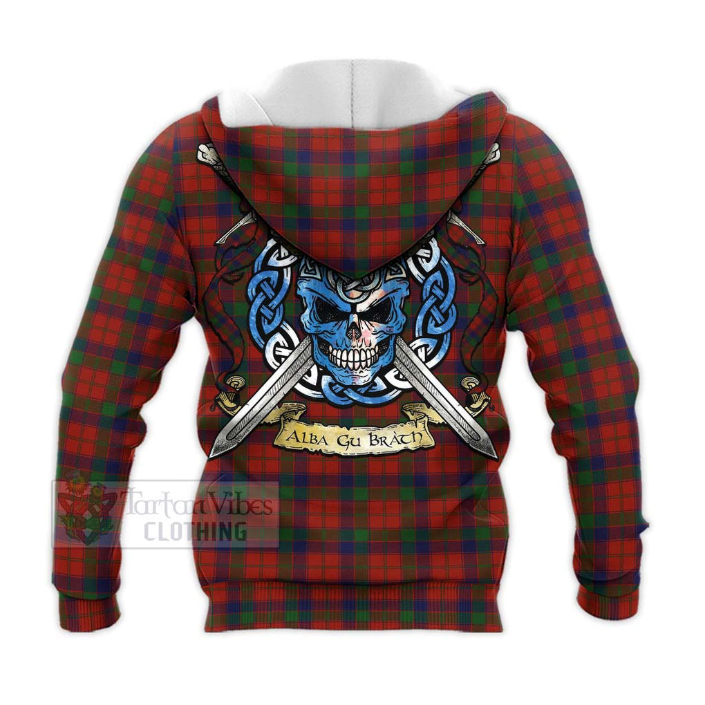 Tartan Vibes Clothing Robertson Tartan Knitted Hoodie with Family Crest Celtic Skull Style