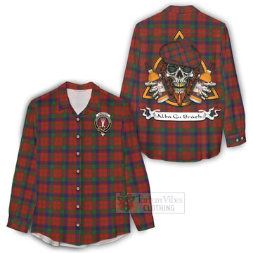 Robertson Tartan Women's Casual Shirt with Family Crest and Bearded Skull Holding Bottles of Whiskey