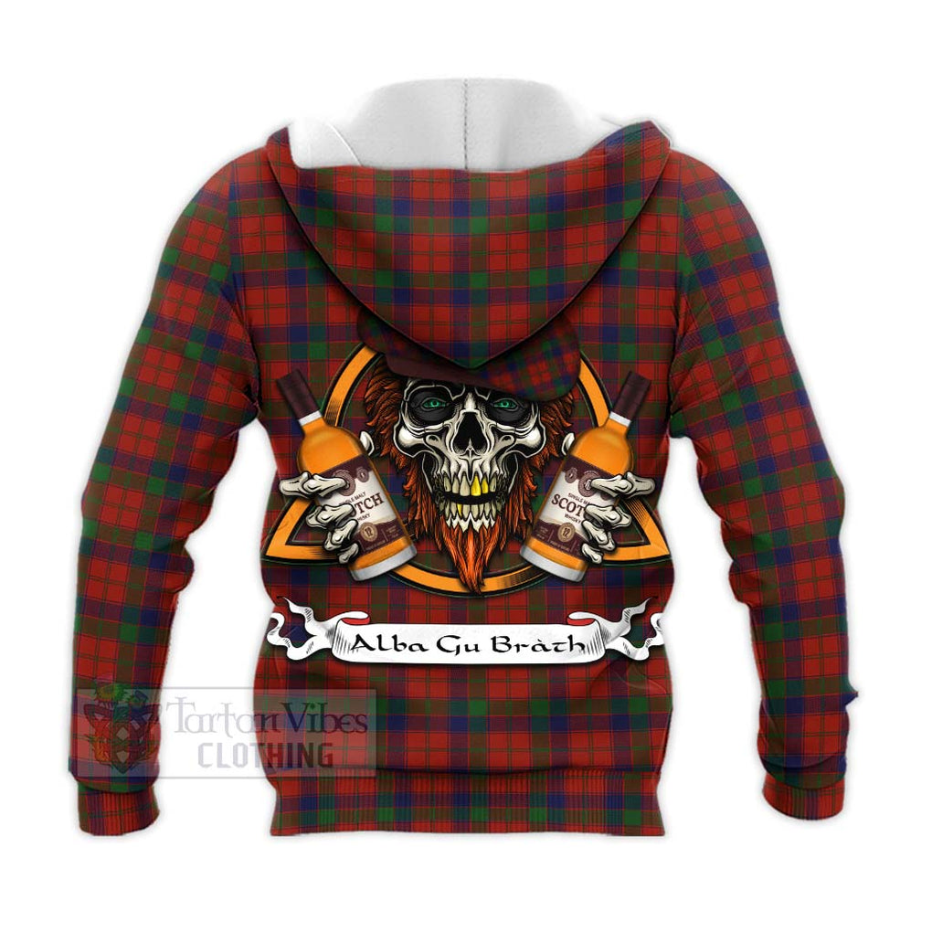 Tartan Vibes Clothing Robertson Tartan Knitted Hoodie with Family Crest and Bearded Skull Holding Bottles of Whiskey