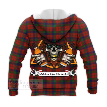 Tartan Vibes Clothing Robertson Tartan Knitted Hoodie with Family Crest and Bearded Skull Holding Bottles of Whiskey