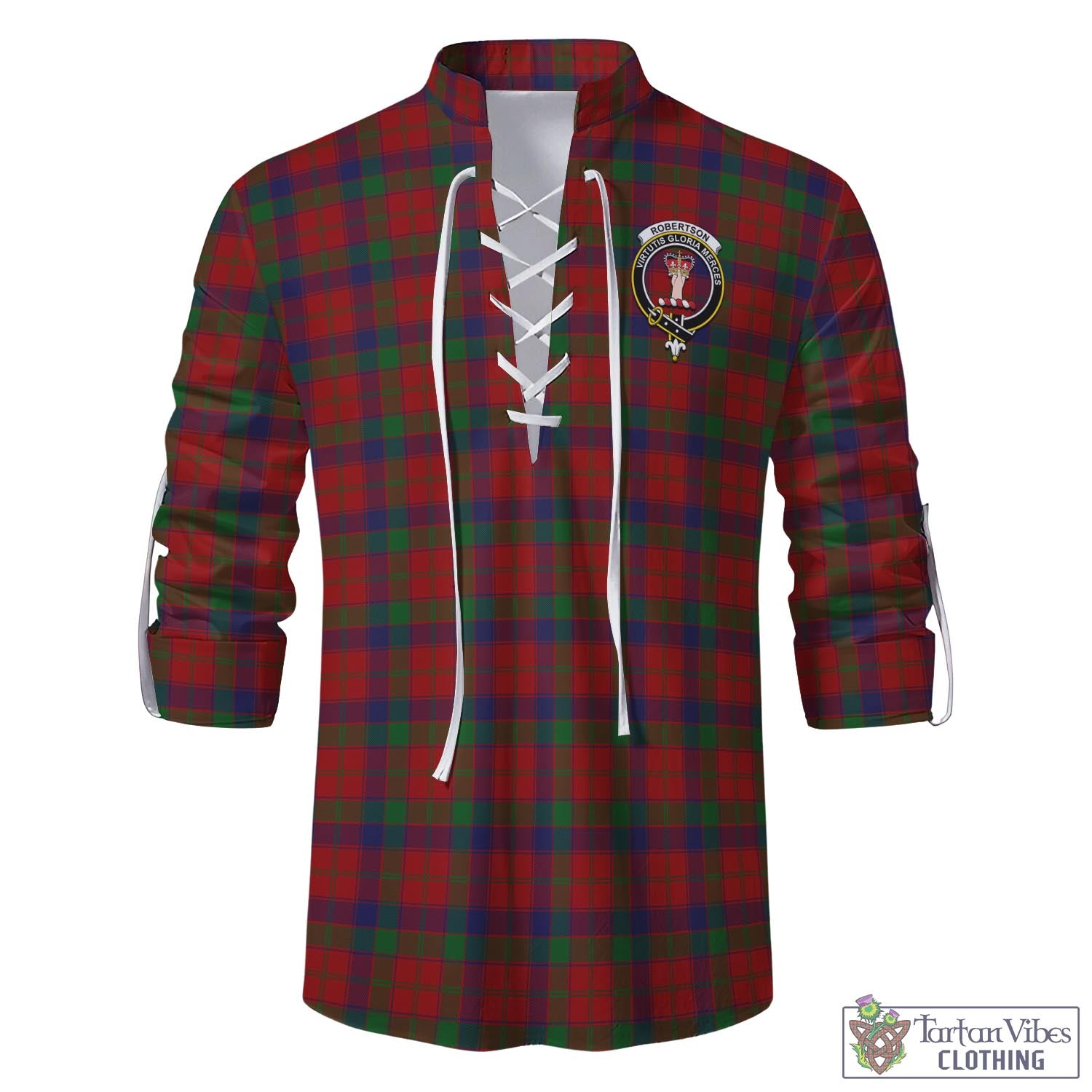 Tartan Vibes Clothing Robertson Tartan Men's Scottish Traditional Jacobite Ghillie Kilt Shirt with Family Crest