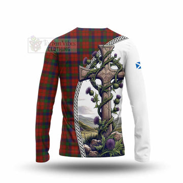 Robertson Tartan Long Sleeve T-Shirt with Family Crest and St. Andrew's Cross Accented by Thistle Vines - Tartan Vibes Clothing