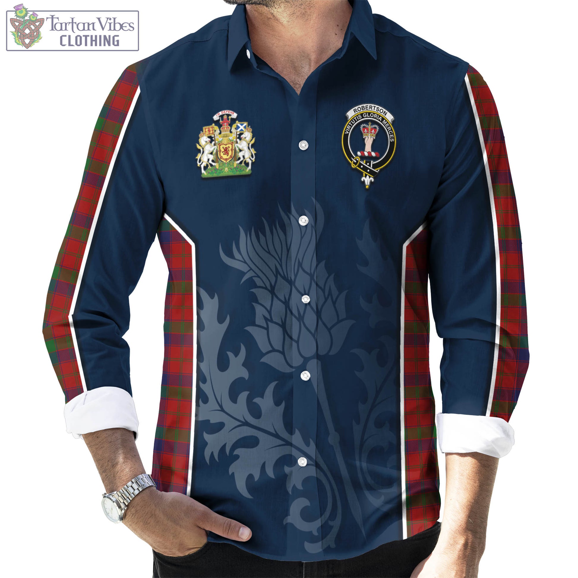 Tartan Vibes Clothing Robertson Tartan Long Sleeve Button Up Shirt with Family Crest and Scottish Thistle Vibes Sport Style