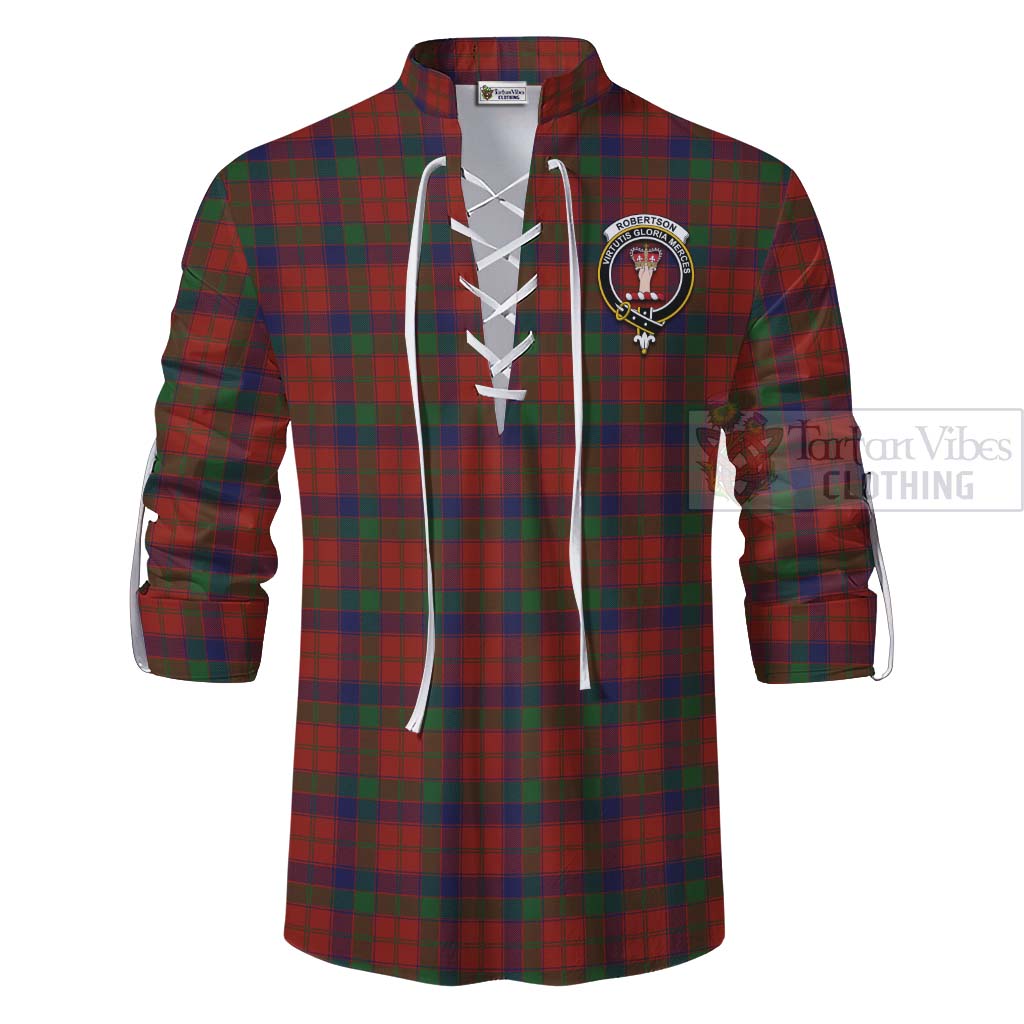 Tartan Vibes Clothing Robertson Tartan Ghillie Kilt Shirt with Family Crest and Bearded Skull Holding Bottles of Whiskey