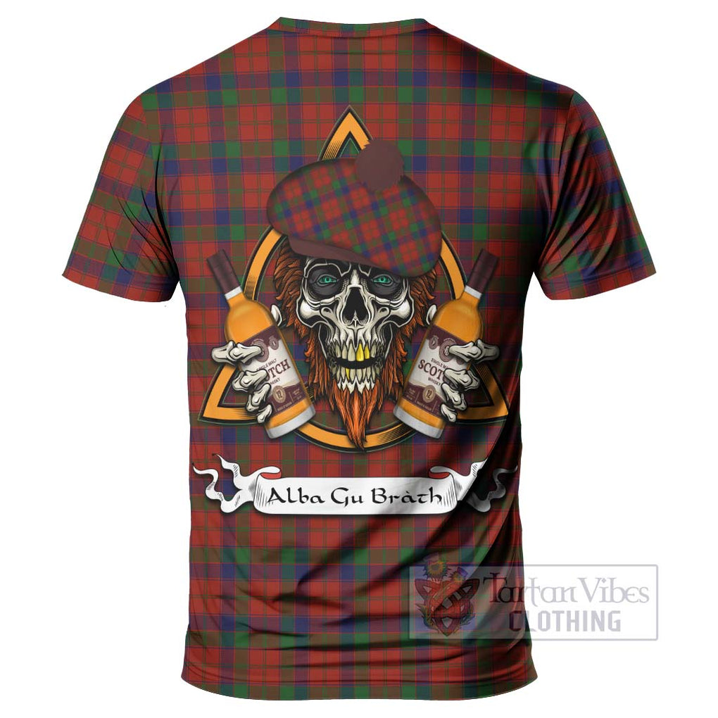 Tartan Vibes Clothing Robertson Tartan T-Shirt with Family Crest and Bearded Skull Holding Bottles of Whiskey