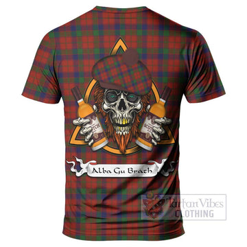 Tartan Vibes Clothing Robertson Tartan T-Shirt with Family Crest and Bearded Skull Holding Bottles of Whiskey