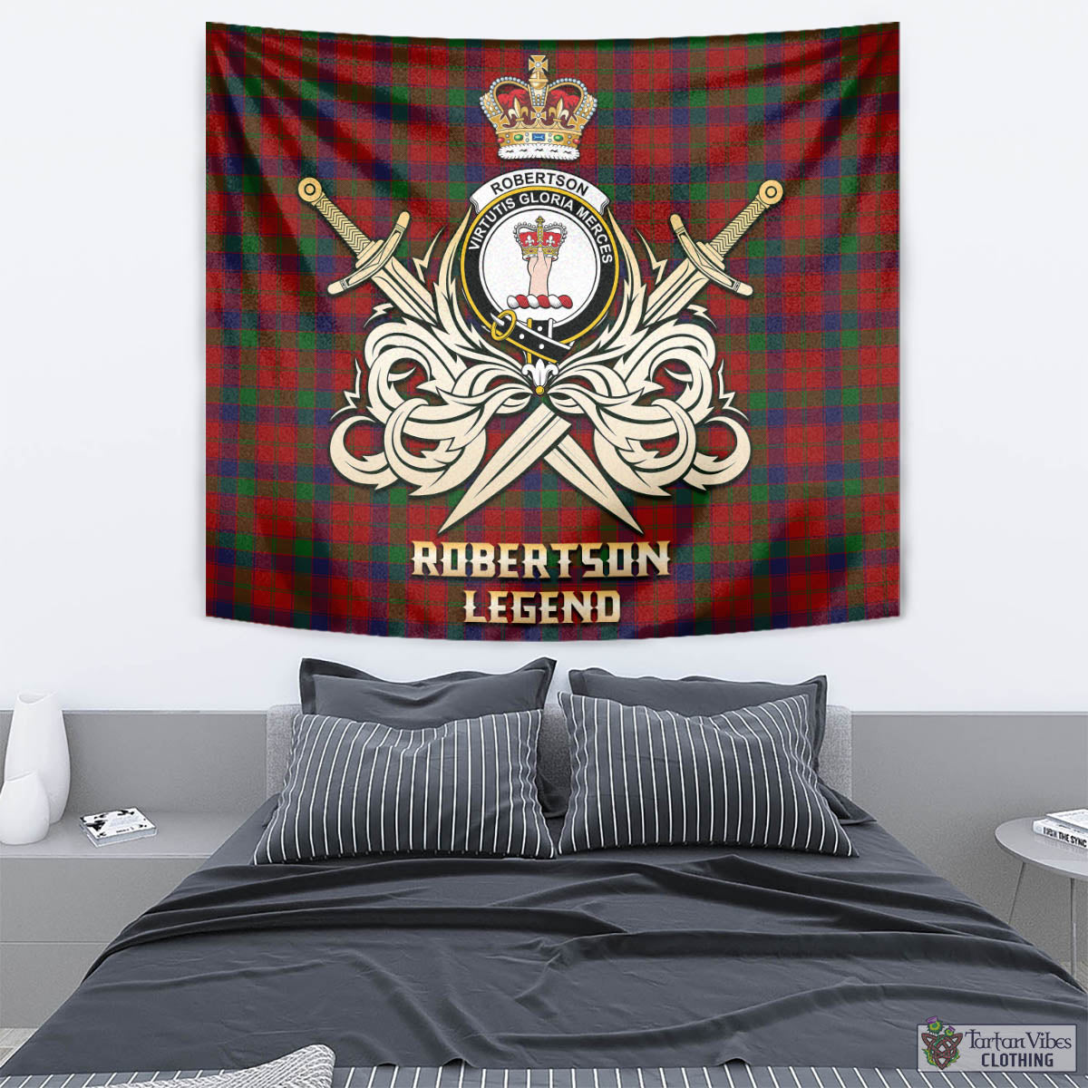 Tartan Vibes Clothing Robertson Tartan Tapestry with Clan Crest and the Golden Sword of Courageous Legacy