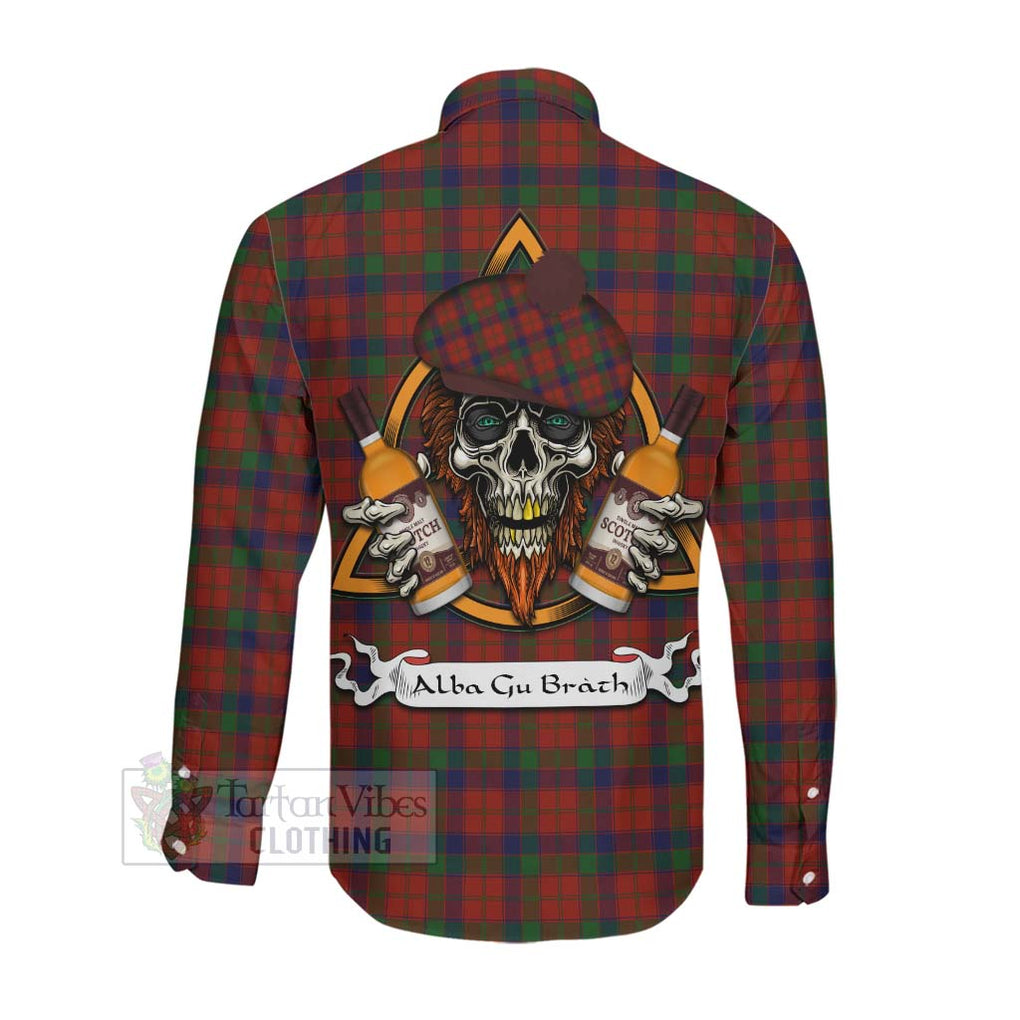 Tartan Vibes Clothing Robertson Tartan Long Sleeve Button Shirt with Family Crest and Bearded Skull Holding Bottles of Whiskey