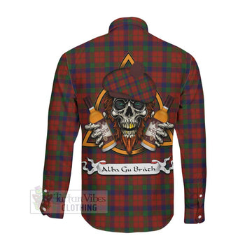 Tartan Vibes Clothing Robertson Tartan Long Sleeve Button Shirt with Family Crest and Bearded Skull Holding Bottles of Whiskey