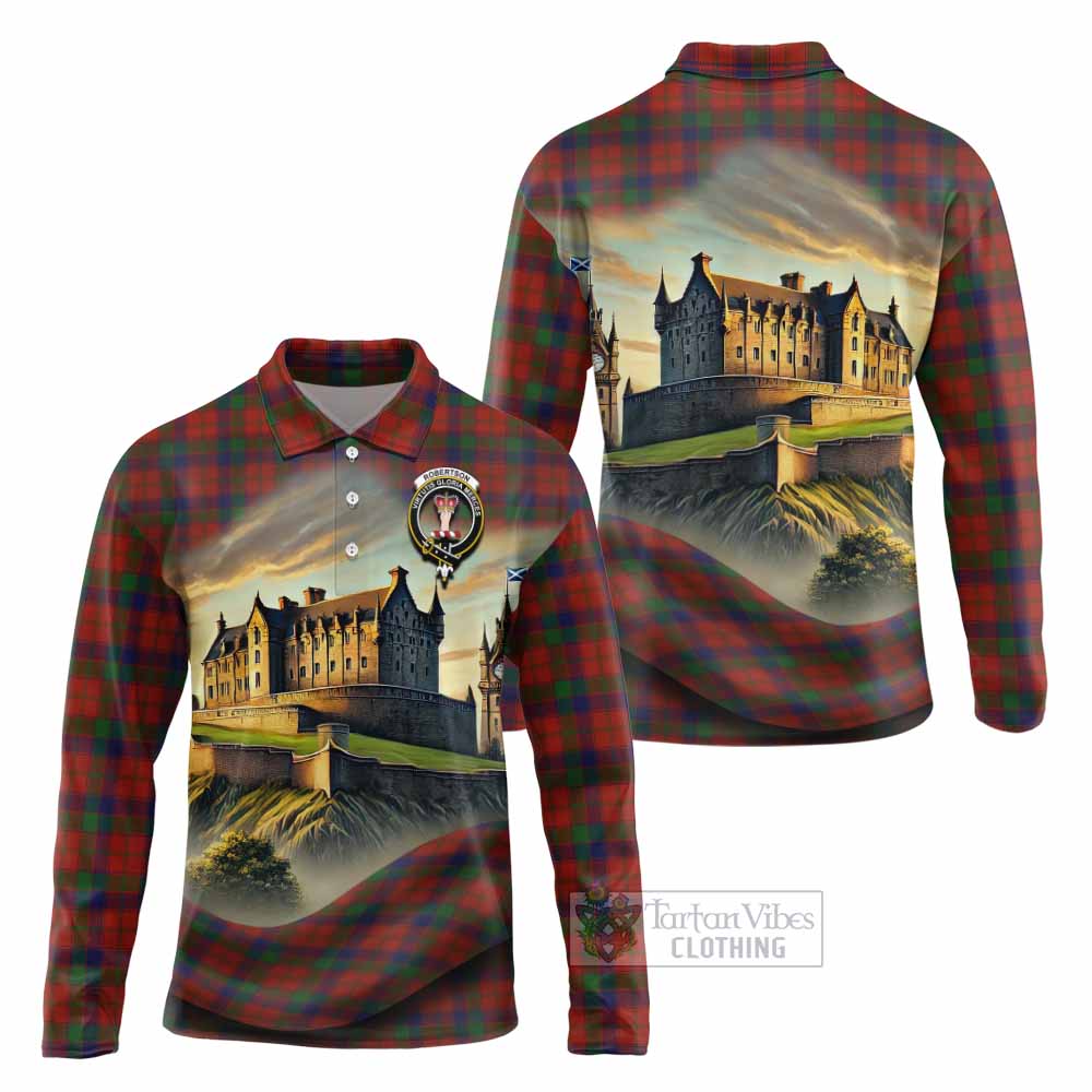 Tartan Vibes Clothing Robertson Tartan Family Crest Long Sleeve Polo Shirt with Scottish Ancient Castle Style