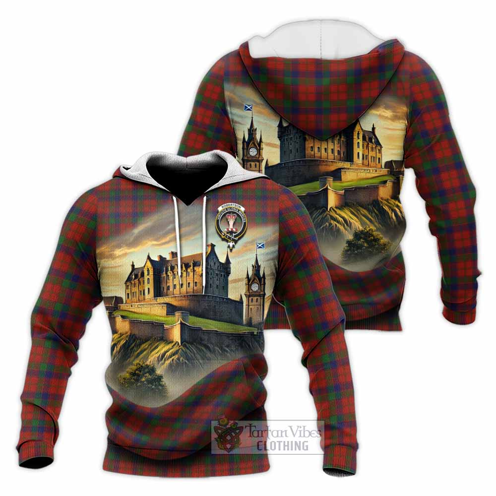 Tartan Vibes Clothing Robertson Tartan Family Crest Knitted Hoodie with Scottish Ancient Castle Style