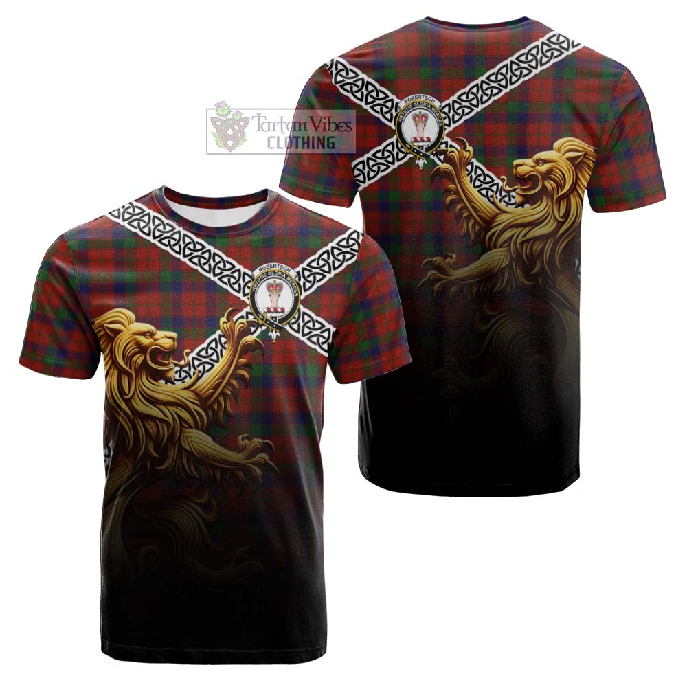 Tartan Vibes Clothing Robertson Crest Tartan Cotton T-shirt with Golden Lion Emblem Celtic Style