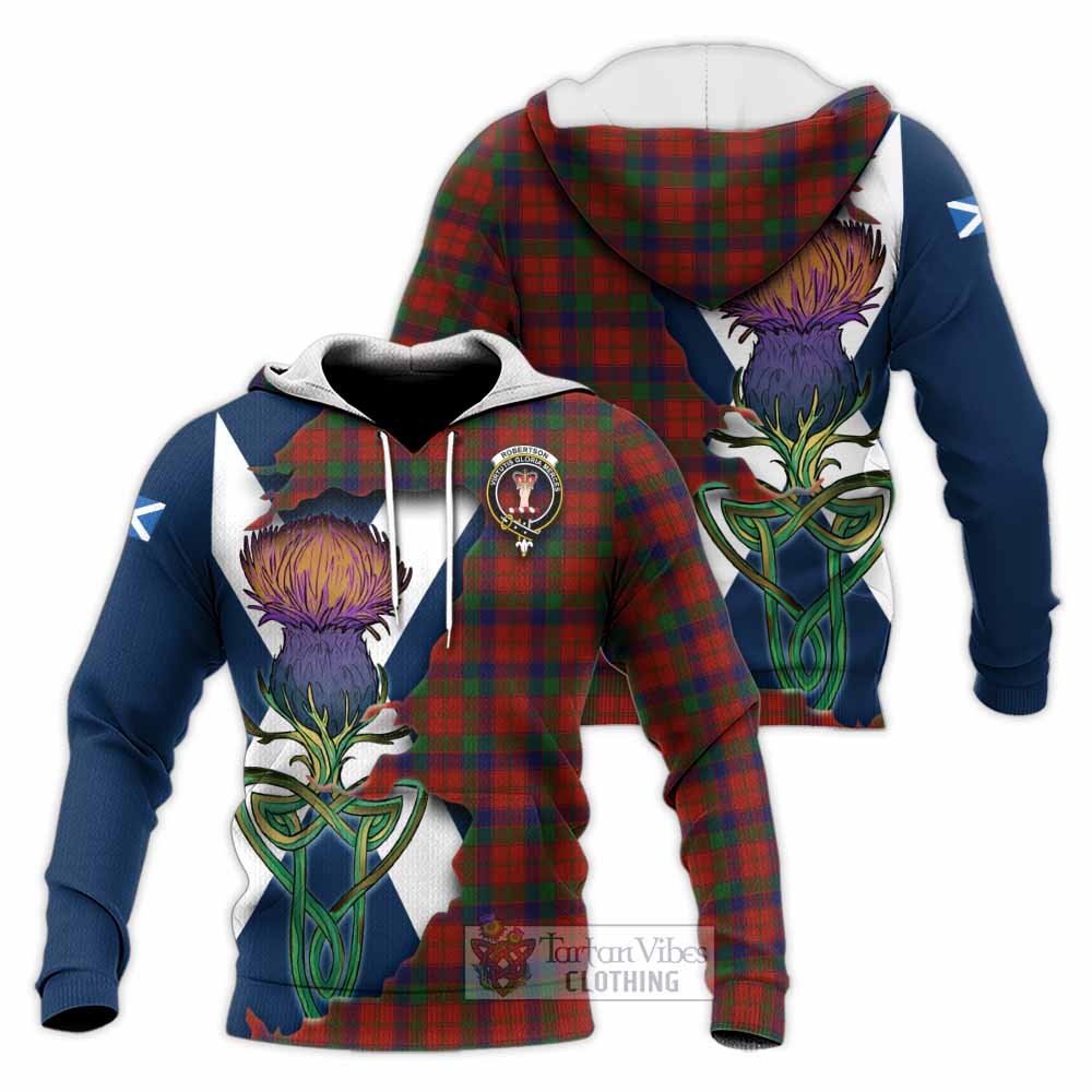 Tartan Vibes Clothing Robertson Tartan Family Crest Knitted Hoodie Scottish Thistle Celtic Inspired