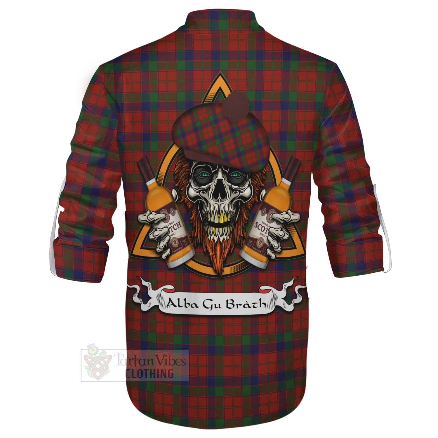 Tartan Vibes Clothing Robertson Tartan Ghillie Kilt Shirt with Family Crest and Bearded Skull Holding Bottles of Whiskey