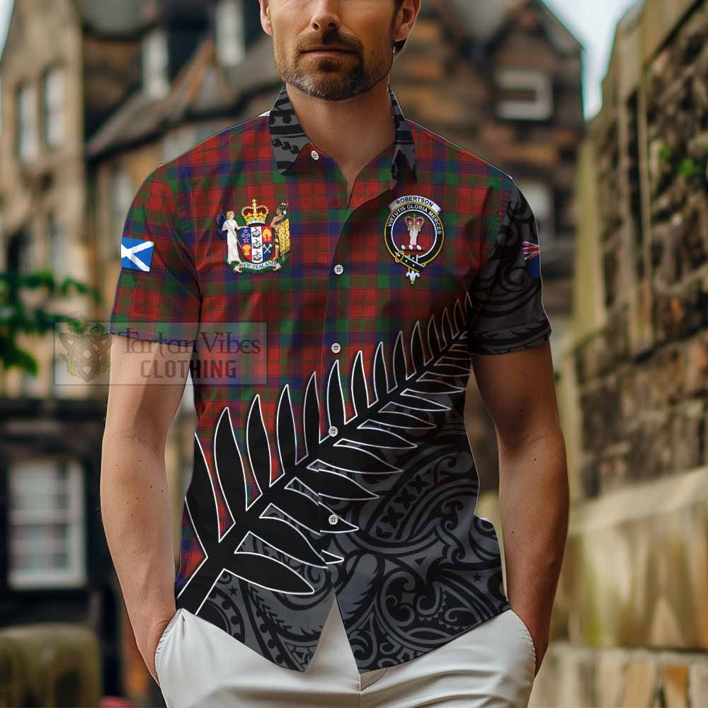 Robertson Crest Tartan Hawaiian Shirt with New Zealand Silver Fern Half Style - Tartan Vibes Clothing