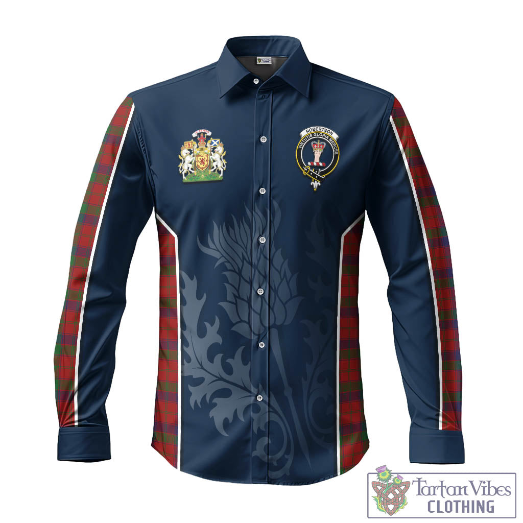 Tartan Vibes Clothing Robertson Tartan Long Sleeve Button Up Shirt with Family Crest and Scottish Thistle Vibes Sport Style