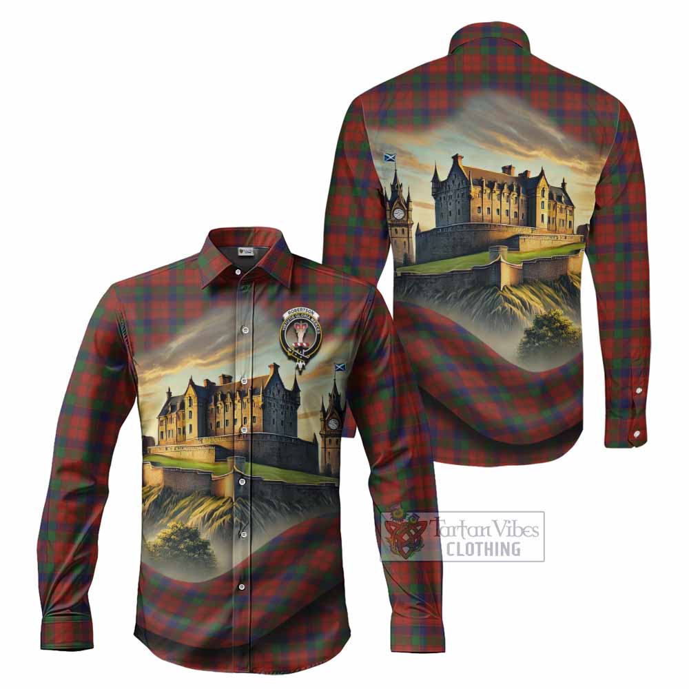 Tartan Vibes Clothing Robertson Tartan Family Crest Long Sleeve Button Shirt with Scottish Ancient Castle Style