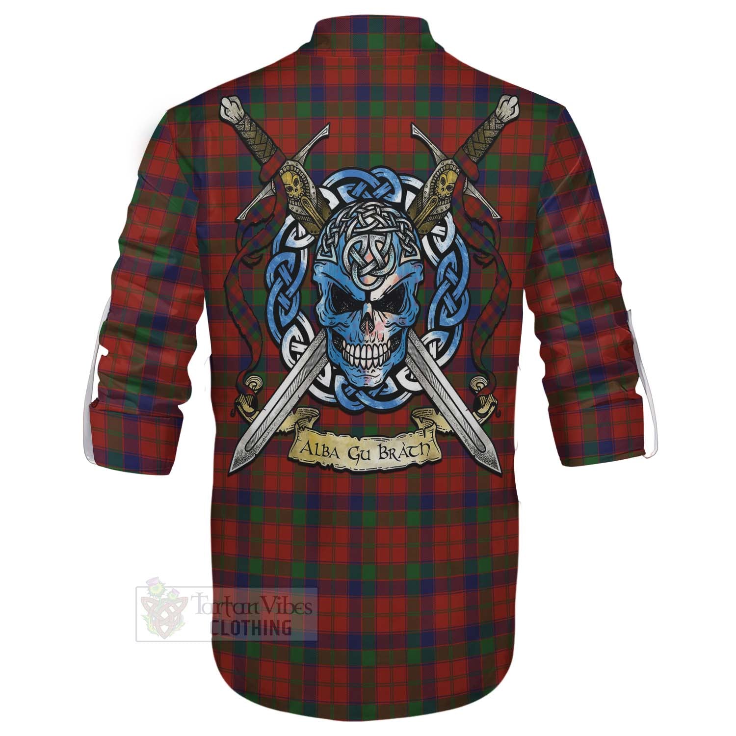 Tartan Vibes Clothing Robertson Tartan Ghillie Kilt Shirt with Family Crest Celtic Skull Style