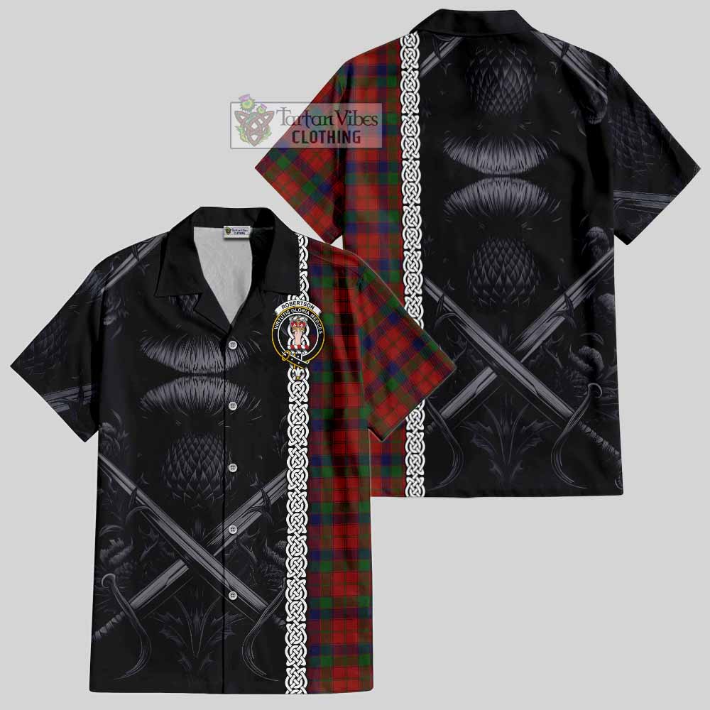 Tartan Vibes Clothing Robertson Tartan Short Sleeve Button Shirt with Family Crest Cross Sword Thistle Celtic Vibes