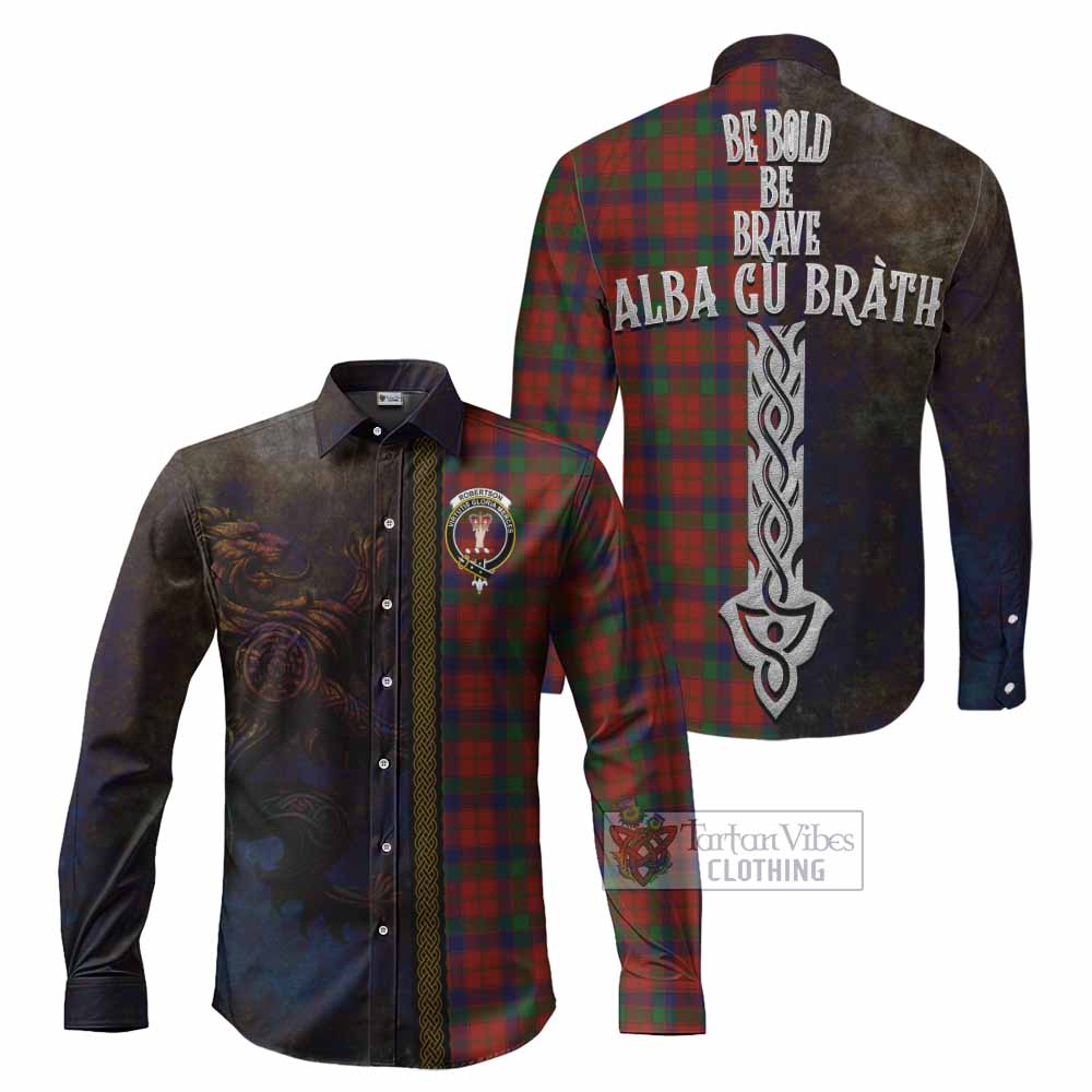 Robertson Tartan Family Crest Long Sleeve Button Shirt Alba Gu Brath Be Brave Lion Ancient Style - Tartan Vibes Clothing