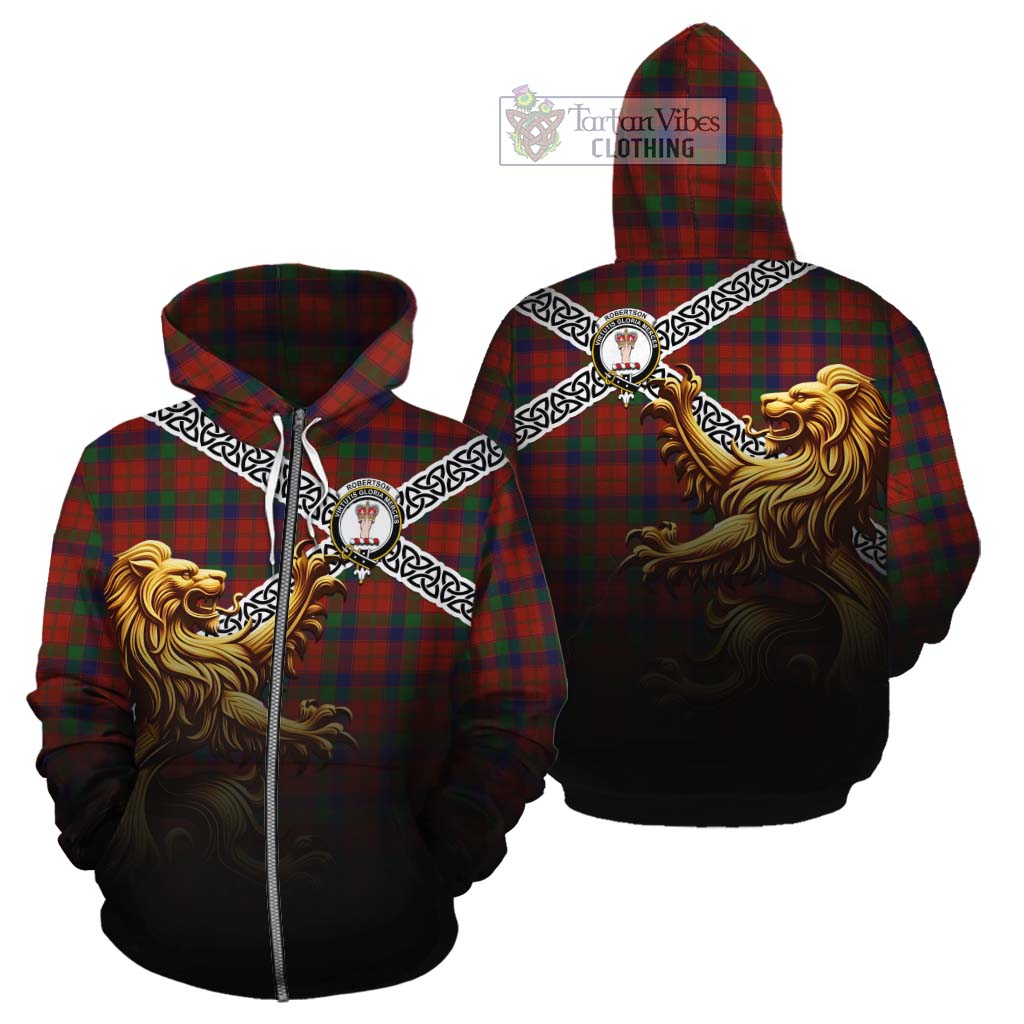 Tartan Vibes Clothing Robertson Crest Tartan Cotton Hoodie with Golden Lion Emblem Celtic Style