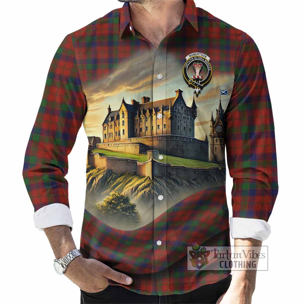 Tartan Vibes Clothing Robertson Tartan Family Crest Long Sleeve Button Shirt with Scottish Ancient Castle Style