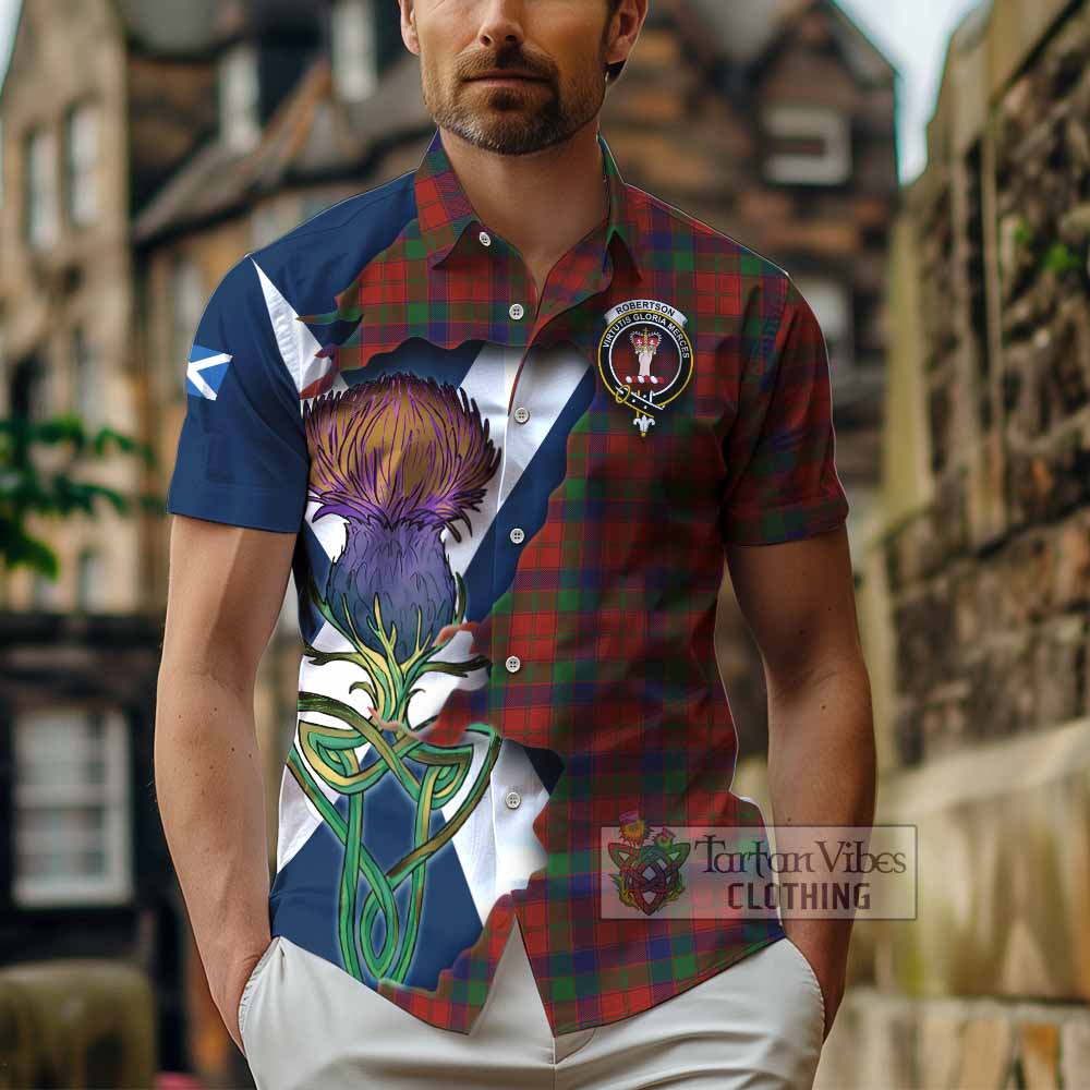 Tartan Vibes Clothing Robertson Tartan Family Crest Short Sleeve Button Shirt Scottish Thistle Celtic Inspired